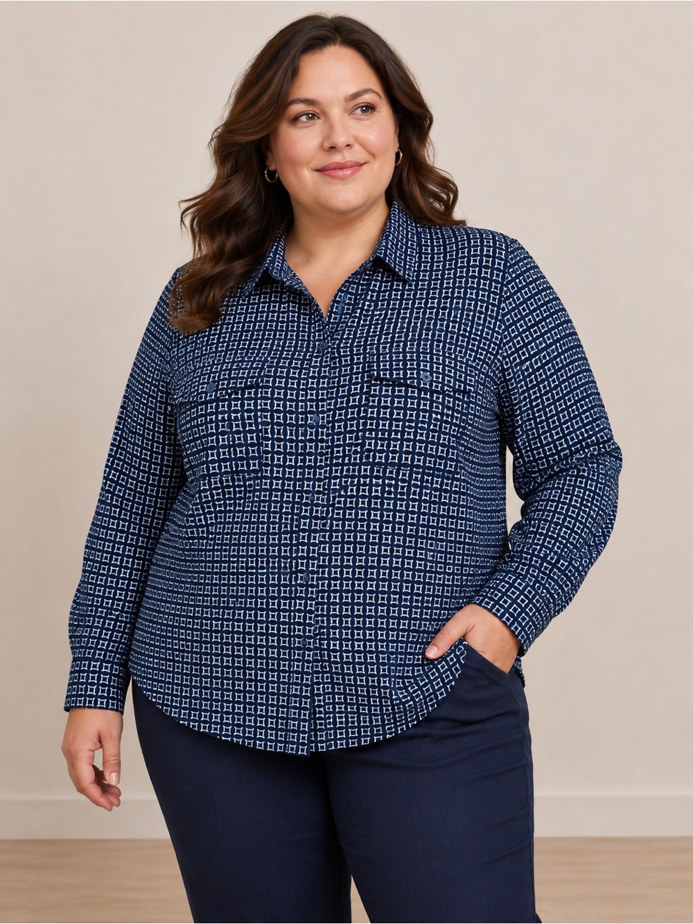Alfani Navy and White Geometric Long Sleeve Blouse Size 1X